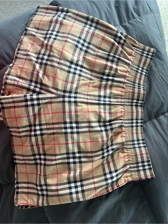 Burberry Pants - Burberry Beige Plaid Elastic-Waist Circle Shorts with Navy & Red Lines
